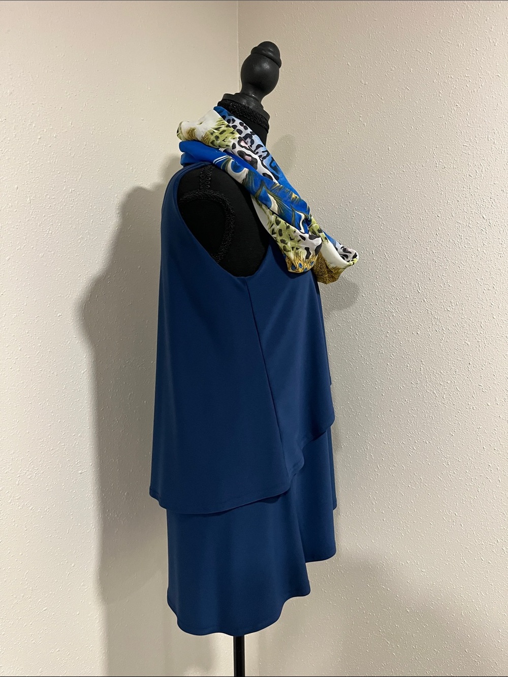 Sympli Royal Blue Layered Swing Top with Multicolor Silk Scarf - Picture 2 of 7